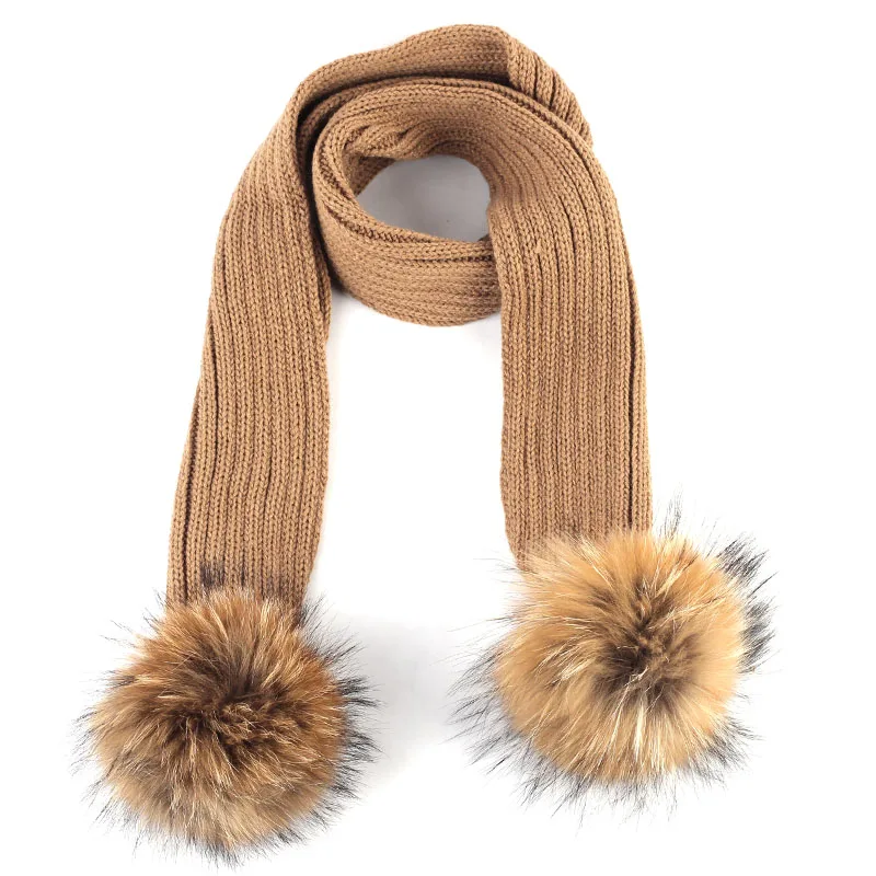 Khaki A Geebro Kids Knitted Scarf With Double Raccoon Fur Pompom Boys and Girls Cashmere Plain Shawl Wrap Winter Warm Accessories DQ867 - Цвет: Khaki A