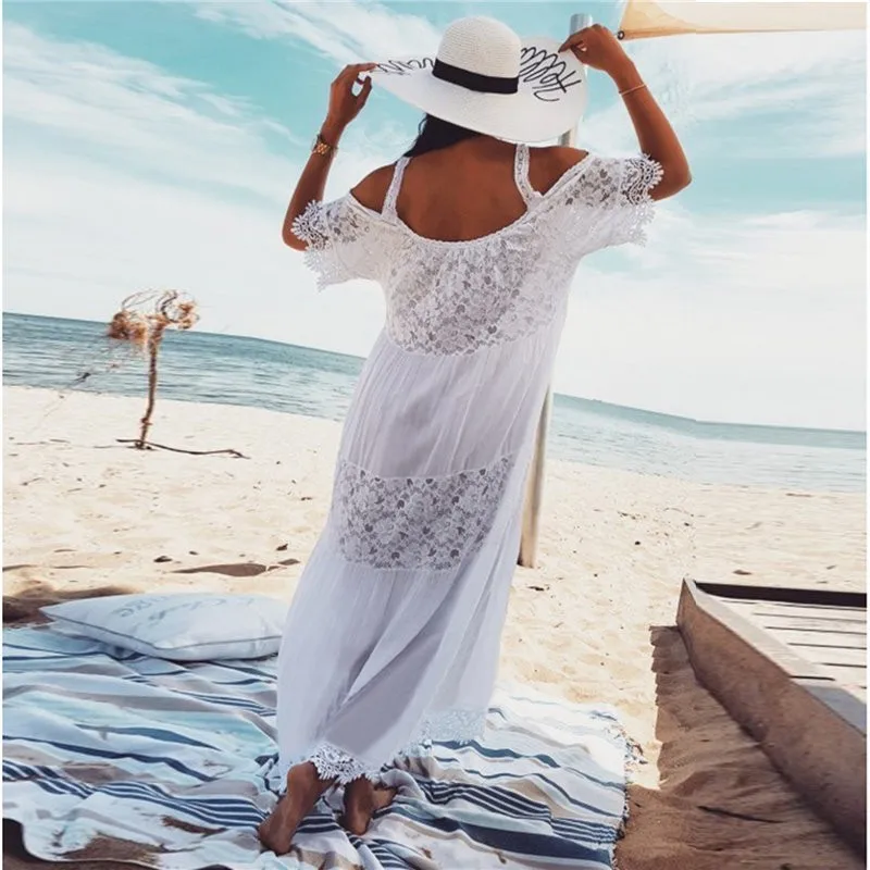 Длинное белое пляжное платье однотонное с вырезом накидка для женщин рукав