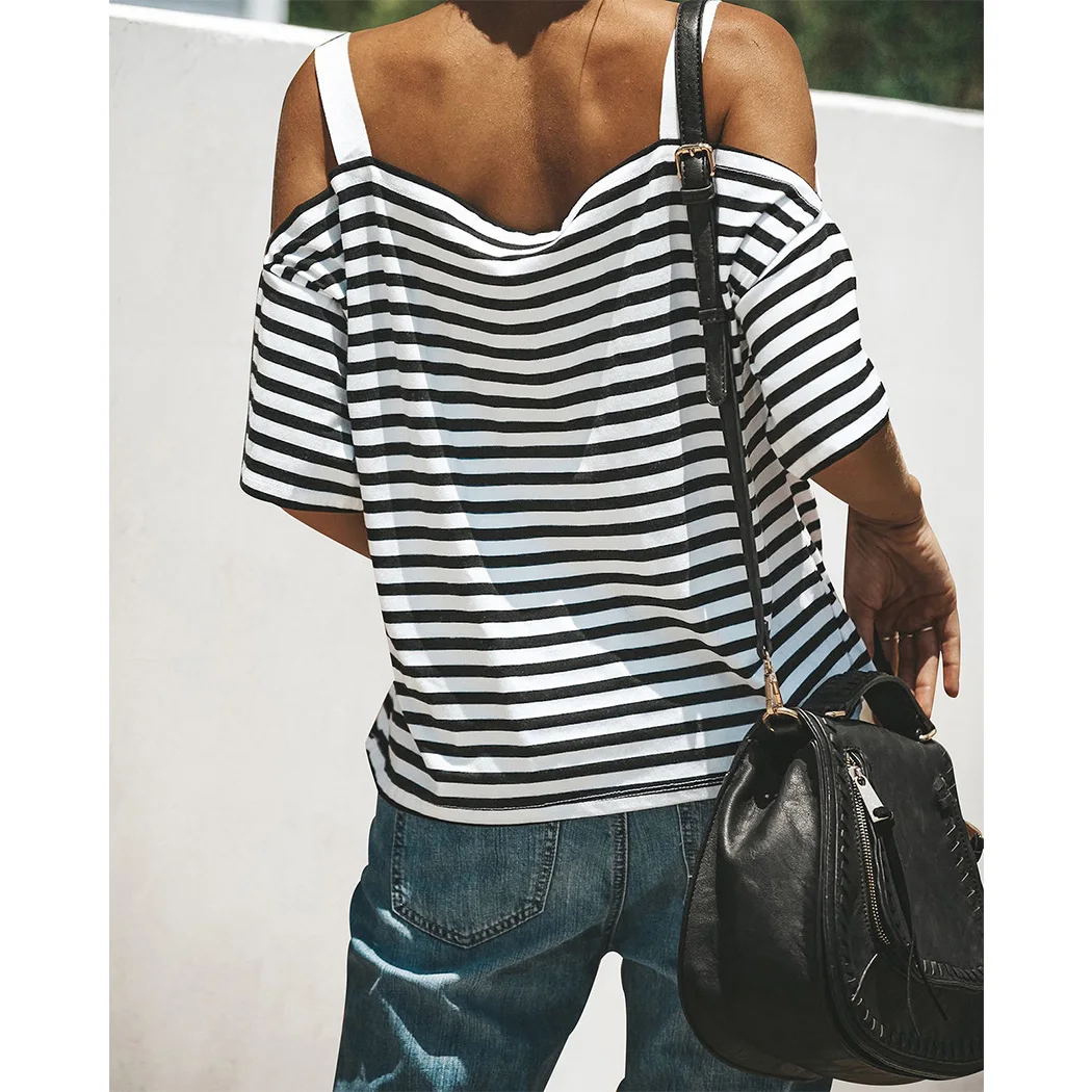 New Women Tops Sexy Cold Shoulder Striped Blouses Summer Casual Short Sleeve Loose Ladies Shirts Blusa Feminina A4 |