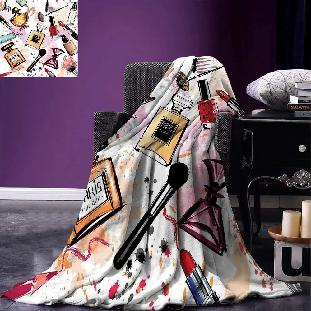 Girls Throw Blanket Cosmetic and Makeup Theme Pattern with Perfume Lipstick Nail Polish Brush Modern Lady Warm Microfiber | Дом и сад