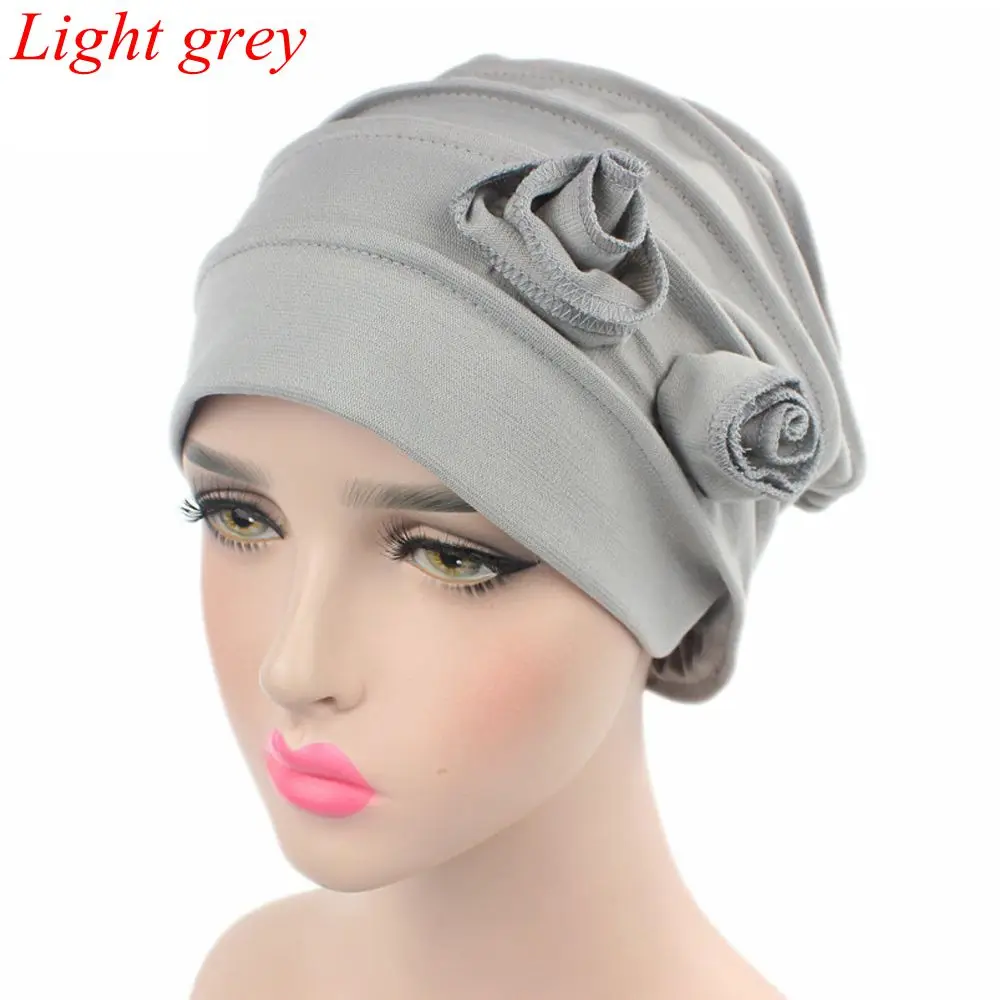 light grey 7 цветов Женская мода мусульманский тюрбан стрейч сплошной хлопок Кепка chemo выпадение волос мусульманский шарф обертывание хиджиб Кепка - Цвет: light grey