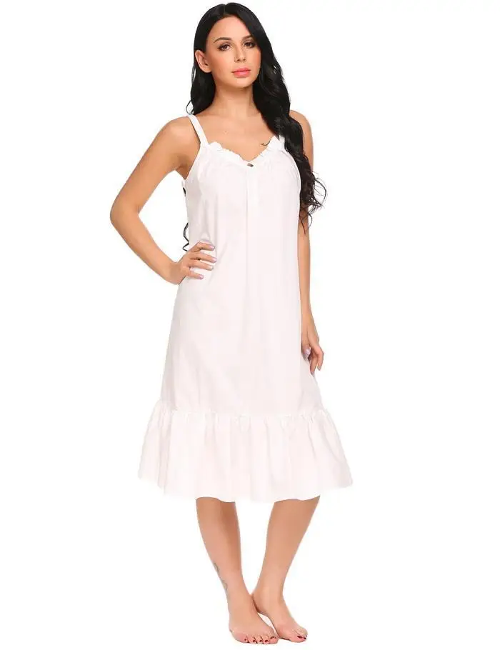 Ekouaer винтажная ночная рубашка хлопковое Ночное Платье женское однотонное с v-образным вырезом Спагетти ремень оборки платье для сна ночная рубашка длинная ночная рубашка