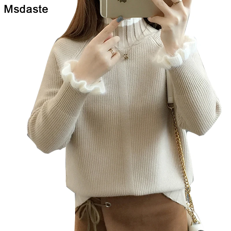 Women Sweaters Pullovers 2019 Autumn Winter Ruffles Sleeve Turtleneck Tops Knitwear Pull Femme Casual Woman Sweater Pullover | Женская