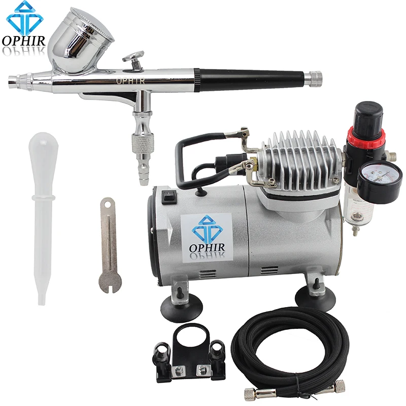 OPHIR 0.3mm Dual-Action Airbrush Kit with Air Compressor Air Pressure Gauge Filter for Nail Art Model Car Paint Makeup_AC089+004