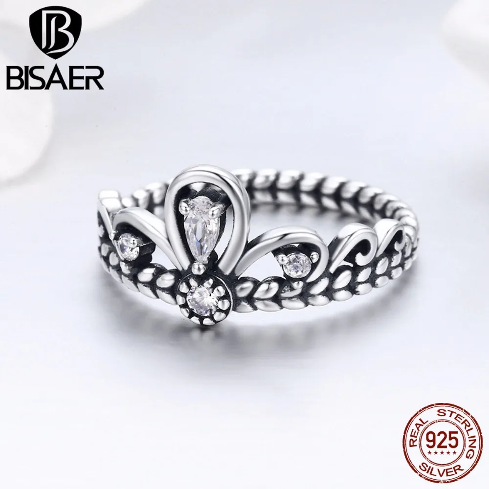 BISAER подлинные 925 пробы Серебряная корона принцессы свадебные женские CZ кольца для женщин обручальные ювелирные изделия Anel S925 ECR337