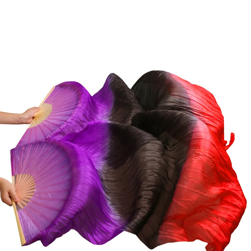 purple black red Хиты, высокая распродажа, Женская качественная шелковая вуаль для танца живота, веера, натуральный шелк, радужная цветная вуаль, одна пара(2 шт - Цвет: purple black red