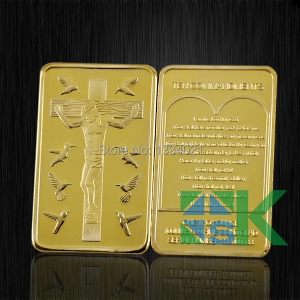 

Fashion Religous medal ten commandmants Jesus christ cross gold plated bullion gold bars souvenir for sale 100pcs/lot wholesale