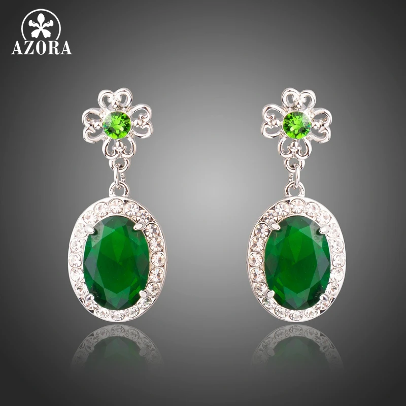 Серьги подвески AZORA из белого золота с овальным зеленым фианитом и цветком TE0280|drop