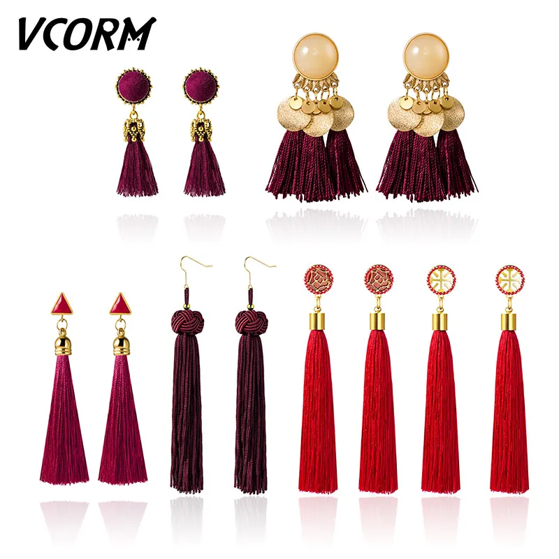 VCORM богемные золотые длинные висячие серьги с кисточками для женщин модные