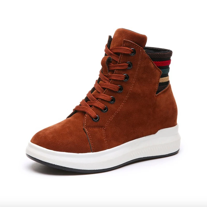 brown women sneakers Женская зимняя обувь; модная женская повседневная обувь из флока; женские кроссовки на плоской платформе со шнуровкой; теплая плюшевая женская обувь белого цвета - Цвет: brown women sneakers