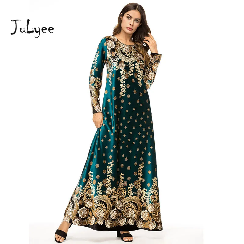 Julyee бархатное длинное платье с принтом абайя мусульманское Дубай макси круглым