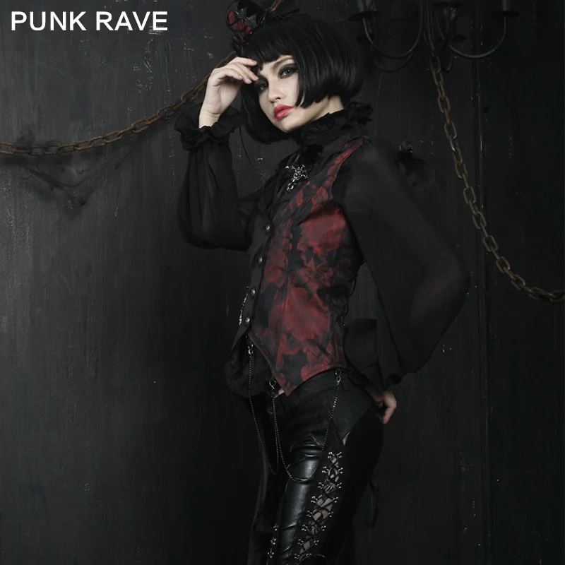 Punk Rave Великолепный Готический Жилет Необычные Готический Жилет Конструкции для Женщин Цветочные отложным Колла Однобортный