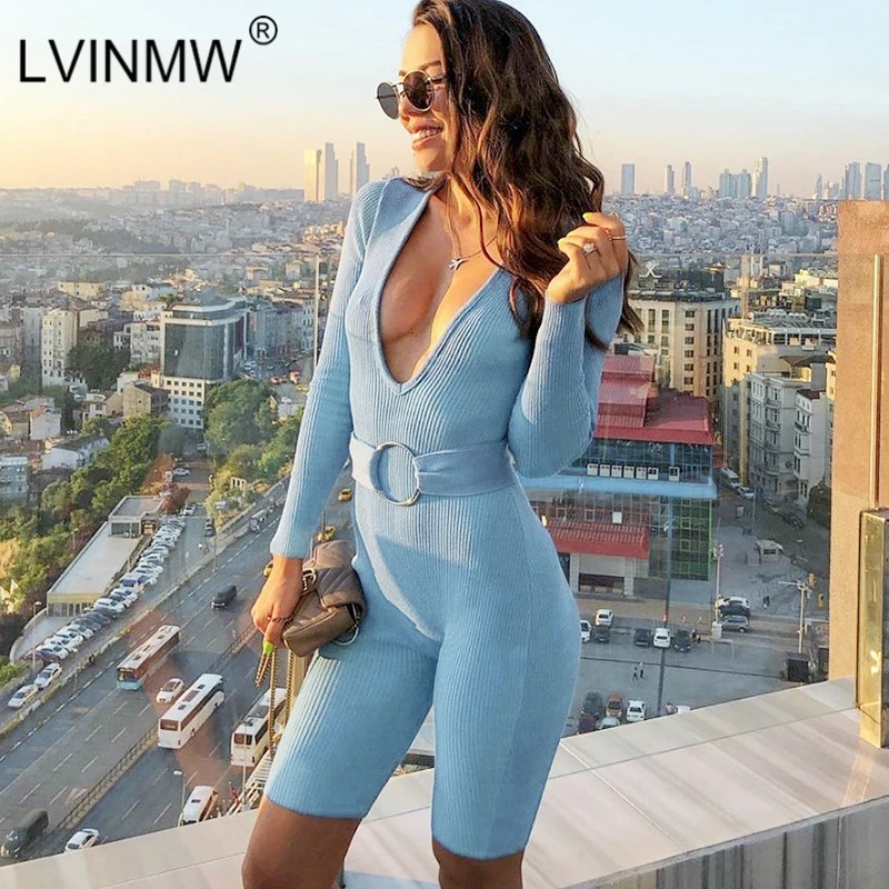 LVINMW сексуальный синий комбинезон с глубоким v-образным вырезом длинным рукавом и