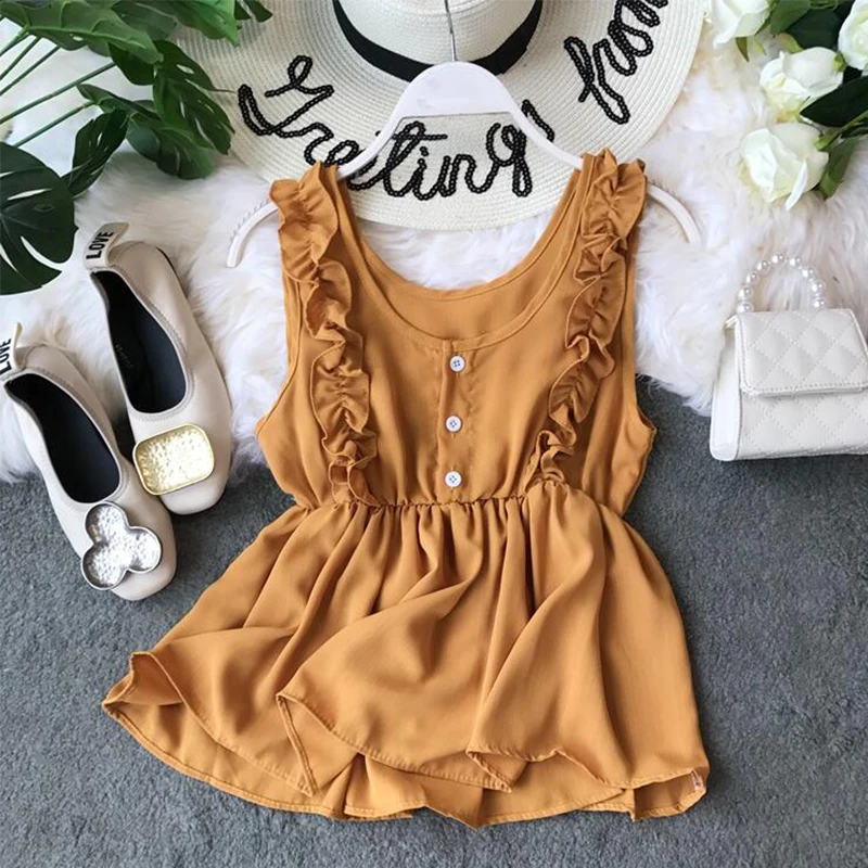 2019 Chiffon vest summer Fashion Leisure loose Shirts sleeveless Elastic waist Round neck Elegant Blouse aa992 | Женская одежда