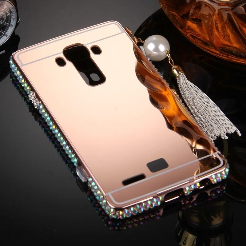 Для LG K7 K10 G2 G3 G4 G5 Stylus samsung Galaxy J5 Перл цепи Кулон Diamond гальванических Зеркало ПК