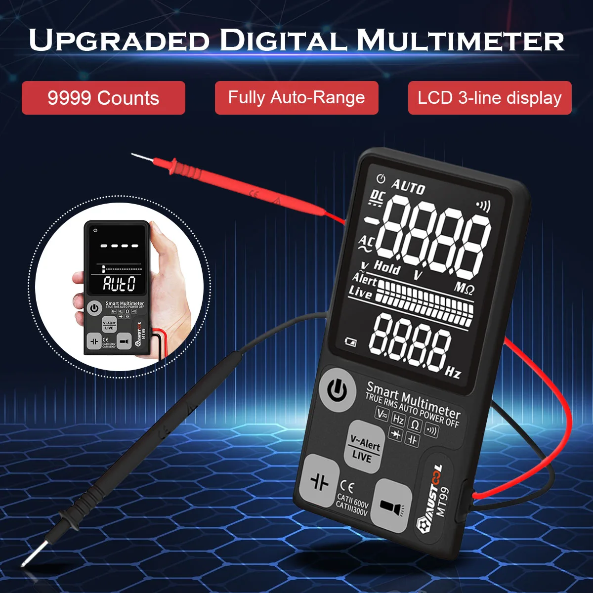 Модернизированный MUSTOOL MT99 True RMS 9999 отсчетов цифровой мультиметр в сверхвысоком разрешении EBTN ЖК-дисплей 3 он-лайн Дисплей Полная Авто Диапазон Смарт DMM