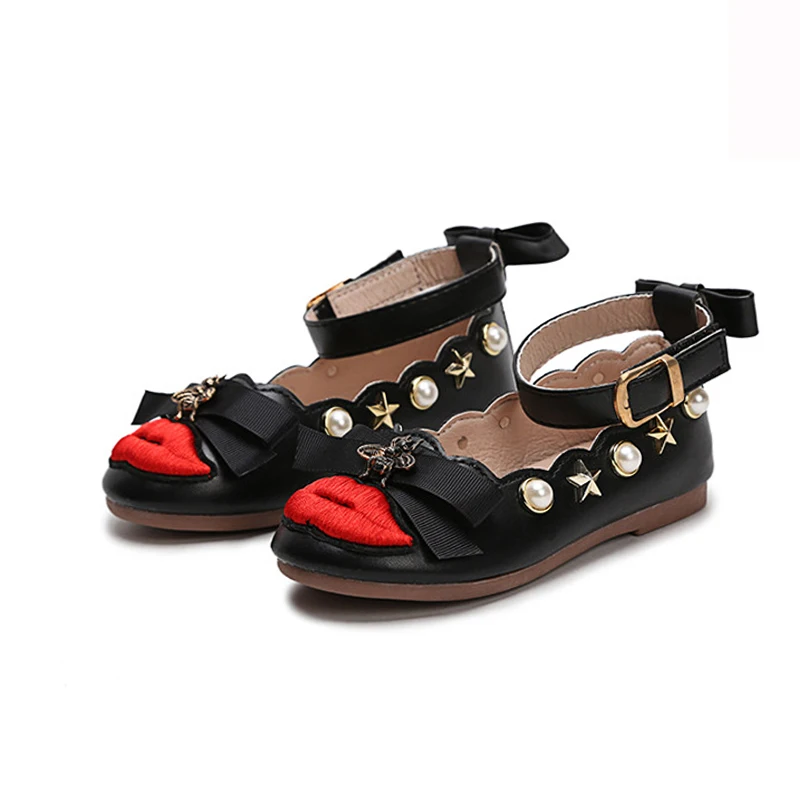 Spring Autumn girls shoes kids brand baby children princess pearl rivet lips embroidery tape bow 1 to 13 yrs |