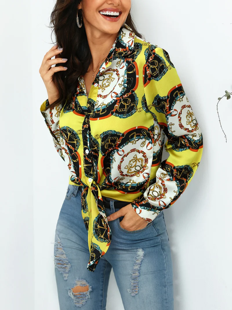 Женская элегантная рубашка в стиле ретро с узлом спереди Повседневная офисная