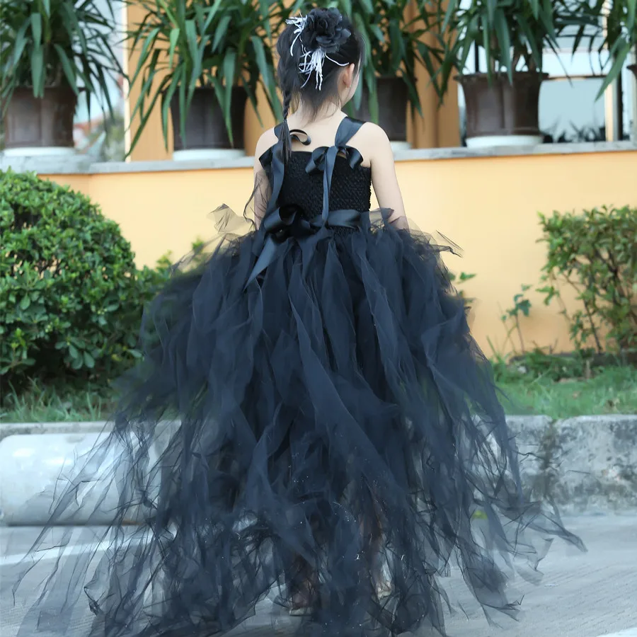 Черное платье-пачка для девочек со шлейфом Тюлевое бальное платье детское с