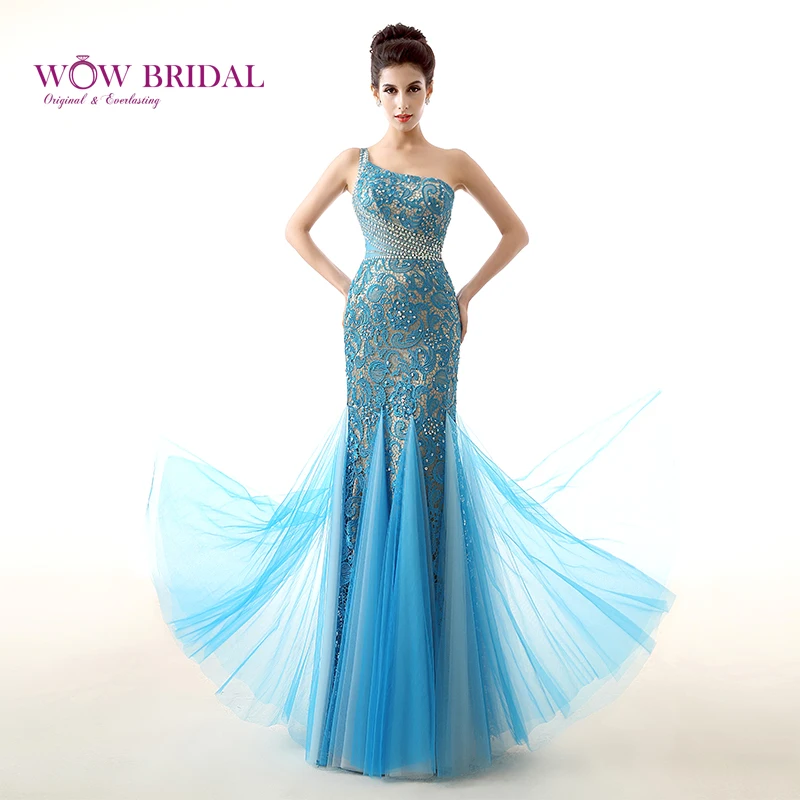 

Wowbrial Elegant Mermaid Long Evening Dress 2021 One-Shoulder Lace Appliqued Crystal Sequined Trumpet Ruched Formal Evening Gown