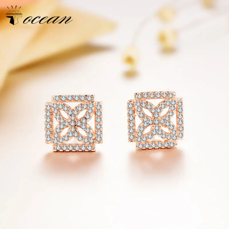 Tocean Rose Gold Color Square Cute Flower Jewelry Wedding Stud Earrings for Women AAA Zircon Engagement Accessories Gift EM114 | Украшения