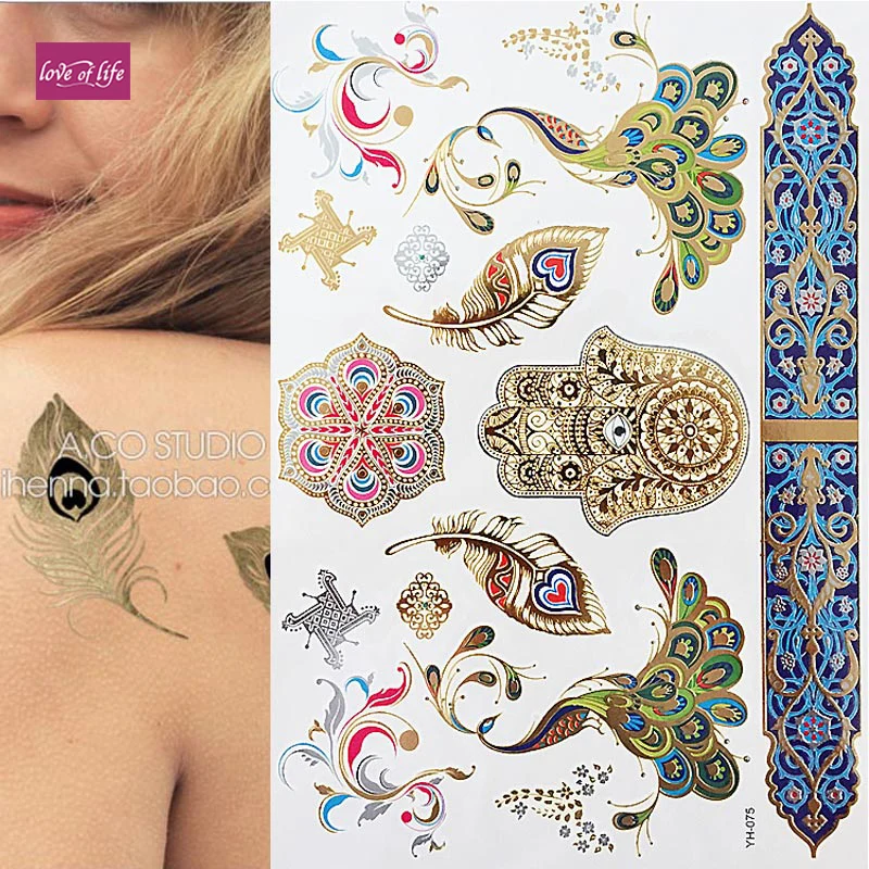 

New Design 1PC Temporary Flash Metallic Tattoo Gold Silver Colorful Peacock Feather Palm Bohemian Tattoo Sticker