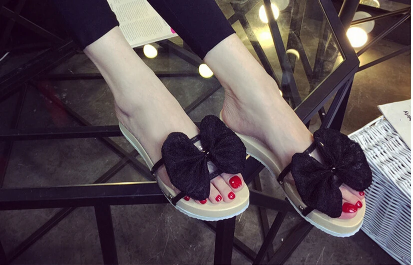 2015 Female Slippers Summer Fashion Korean Princess BOW LACE Women's Flat Thick Bottom Waterproof Sandals | Обувь