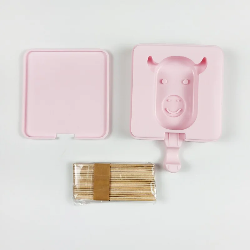 Silicone Ice Cream Mold Animal Icecream Bar Maker Cow Rabbit Pig Ice Cube Jello Mold Tray Square DIY Frozen Sucker Popside Tools - Color: cow