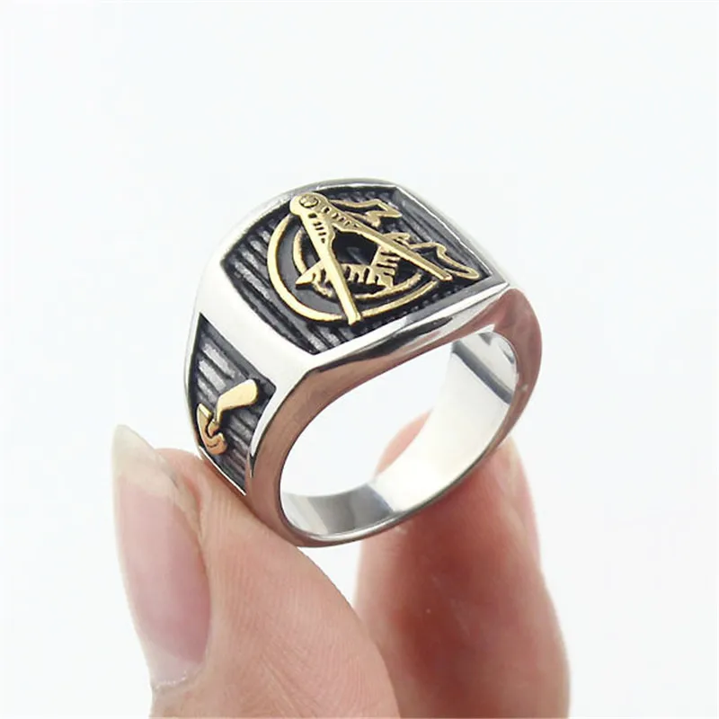 Мужское серебристое кольцо Freemason золотистое из нержавеющей стали 316L масонское |