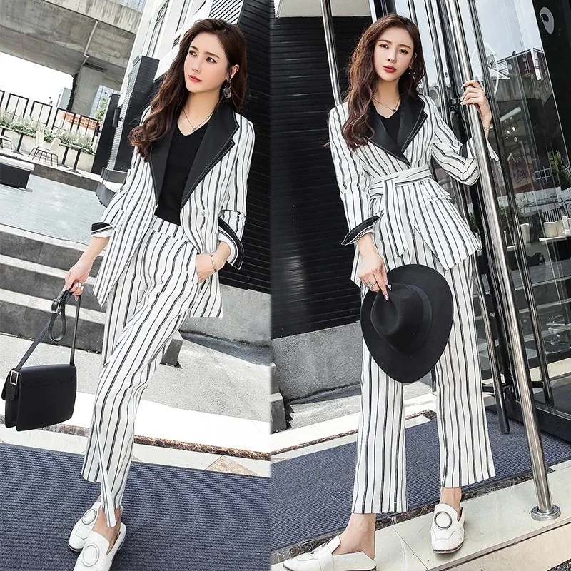 

Set female 2019 autumn and winter new temperament fashion striped suit + trousers elegant casual two-piece women's clothing