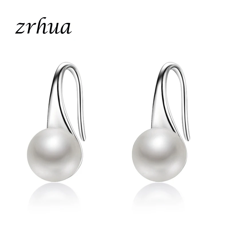

ZRHUA Hot Sale White Pearl Bijoux Fashion Jewelry Original Silver Color Stud Earrings for Women Wedding Engagement Brand Gifts