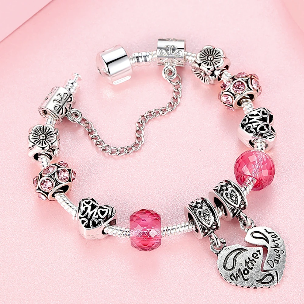 Женский браслет ELESHE серебряный в форме сердца с бусинами из муранского розового