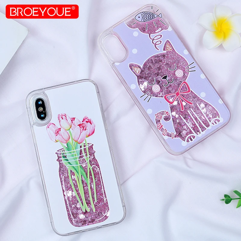 Чехол для Телефона IPhone X Bling Nail Cute Cat Polish Liquid Quicksand Case iPhone 7 8 Plus Coque 6 6S |