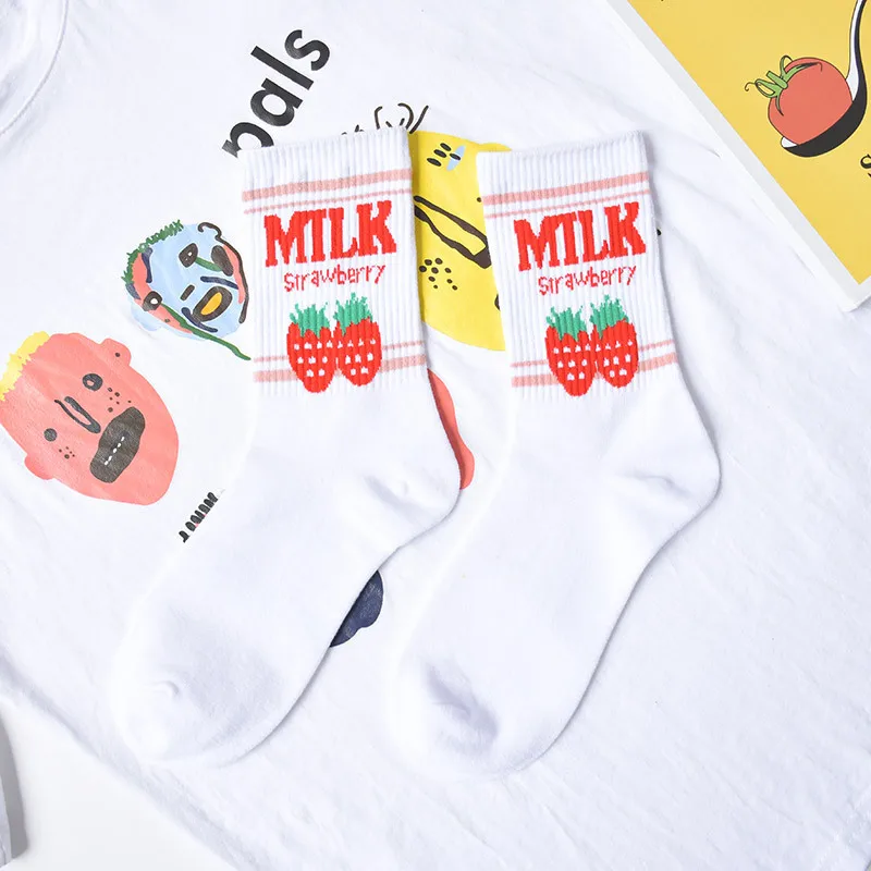 4 Каваи жаккард fruta fresa leche Pinky/blanco mujeres Calcetines japoneses Harajuku Calcetines divertidos Calcetines Mujer - Color: 4