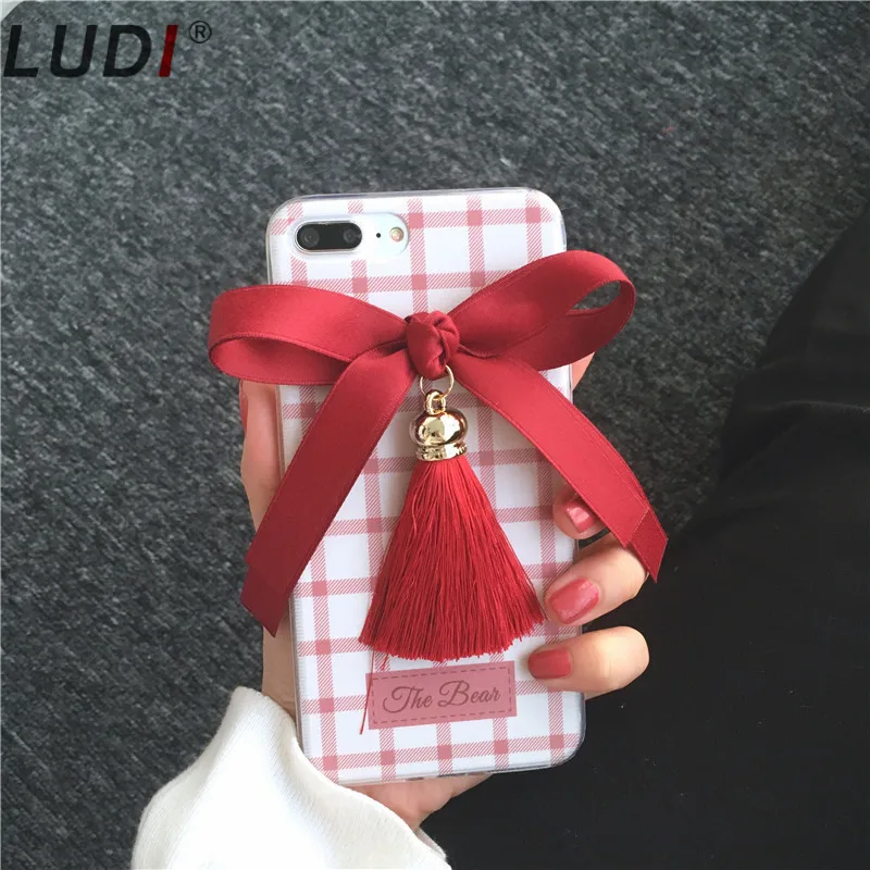 Чехол для телефона LUDI с милым бантом и лентами кисточками в клетку iPhone X 8 7 plus