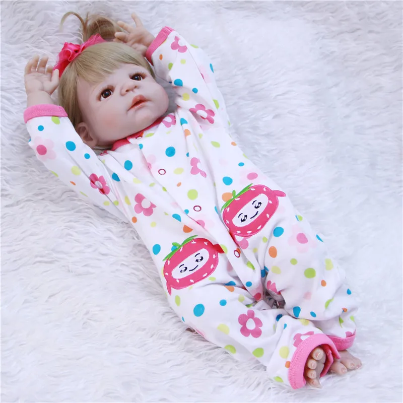 

22" reborn babies dolls full silicone body fake baby girl dolls toys blonde hair wig with pacifier bottle bonecas reborn