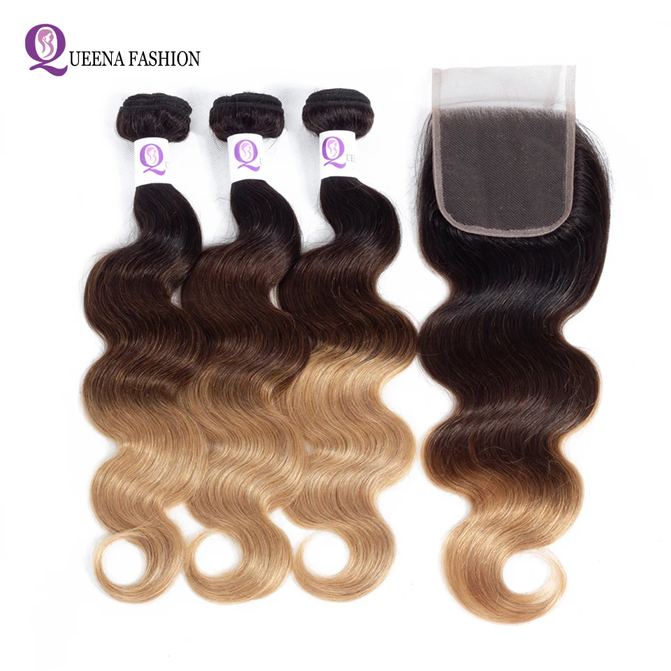 Queena 1B/4/30 1B/4/27 3 тон Ombre Волны Человеческого Тела Пучки Волос с застежка Реми