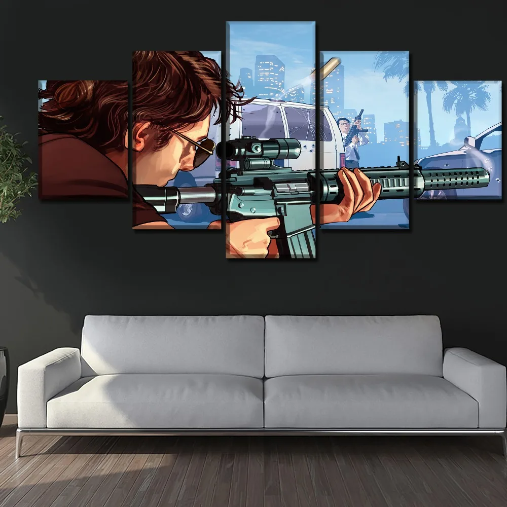 Game Poster Modern Wall Art Framework 5 Pieces Grand Theft Auto V Shooting Hands Picture Canvas Paintings Living Room Decor | Дом и сад