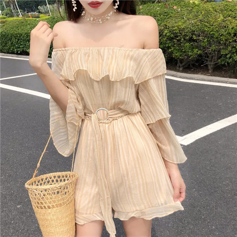 Perspective Temperament Chiffon Playsuits Summer Romper Loose Ruffles Off Shoulder Top Beach Vacation Solid Color Shorts | Женская