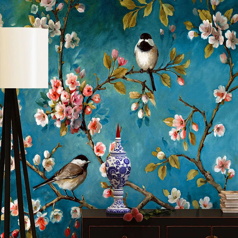 Custom Wall Cloth European Style Flowers Birds Oil Painting Wallpaper Living Room Bedroom Background Covering 3D Home Decor |