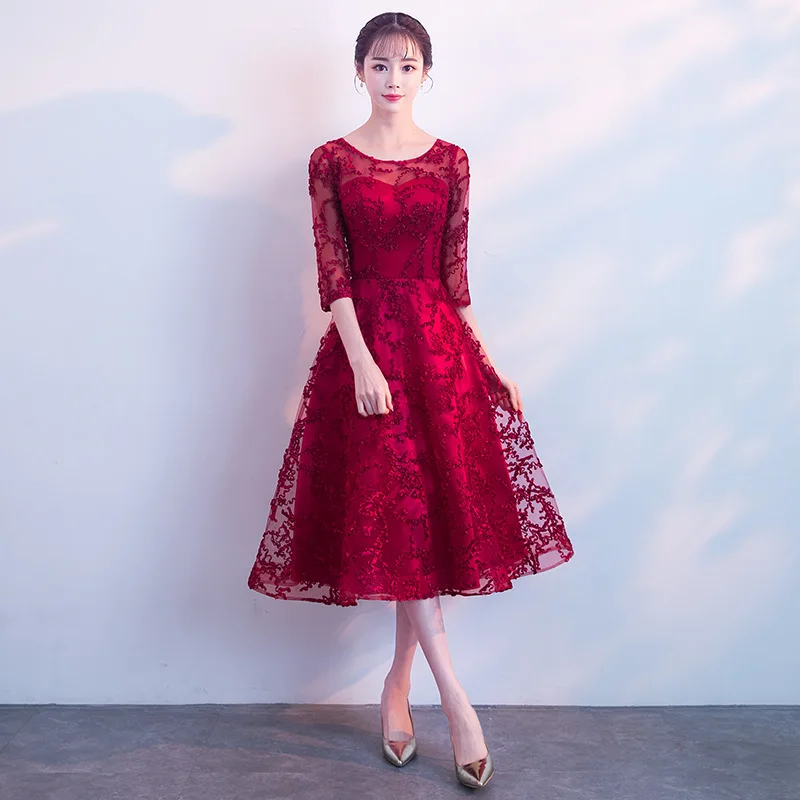 wine red 2 Junoesque розовый кружево Cheongsam Сексуальная Qipao женское длинное традиционное китайское платье вечернее платье платья для вечеринок стиль Chinois Femme - Цвет: wine red 2