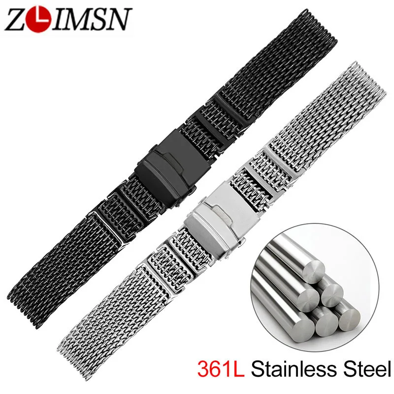 ZLIMSN New Stylish Mesh Watchband 316 Stainless Steel Black Silver Strap 20mm 22mm 24mm Watches Accessories Watch band | Наручные часы