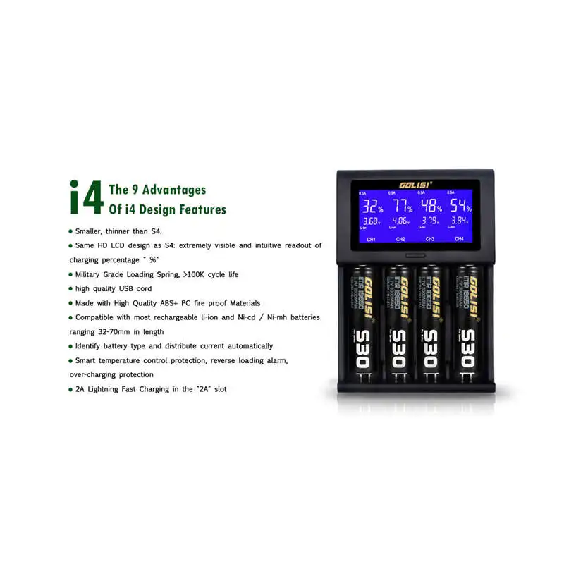 Golisi I4 2.0A Intelligent Lcd Charger Fast Battery For Li-Ion 18650 26650 20700 Aa Aaa Rechargeable Batte | Электроника