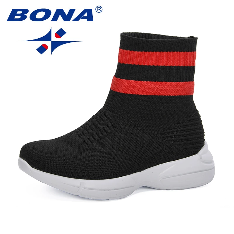 BONA 2019 новые дизайнерские Детские летающие кроссовки для девочек высокие носки