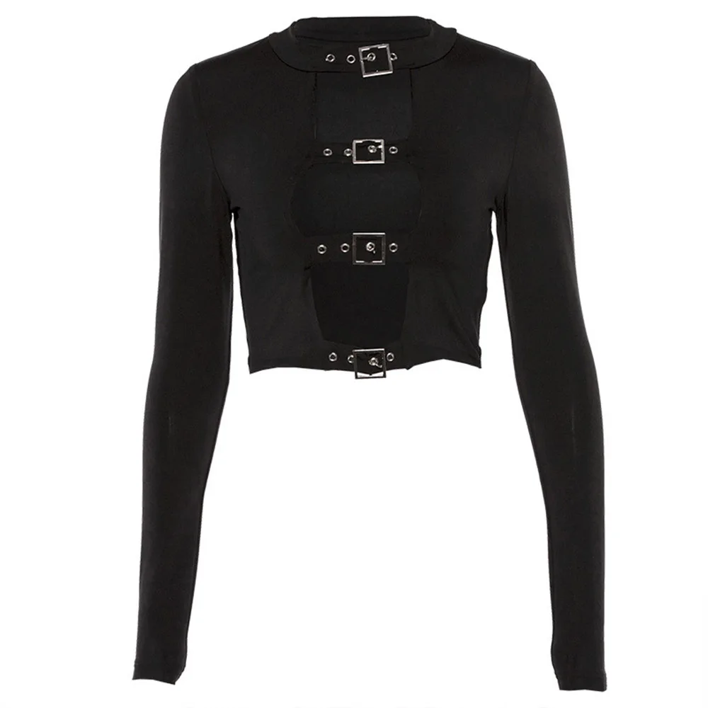 Plus Size Gothic Sexy T-Shirt Women Strap Buckle Front Round Neck Slim Top Long Sleeve T Shirt Tumblr Tops Tee Punk Streetwear