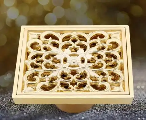 

Cheap Free Shipping Bathroom Copper Deodorant Square Floor Drain 4 inches Gold Colour Strainer Cover Sink Grate Waste