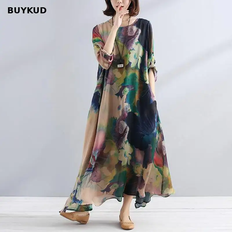 BUYKUD хлопковое льняное женское платье 2018 лето осень повседневное свободное Макси