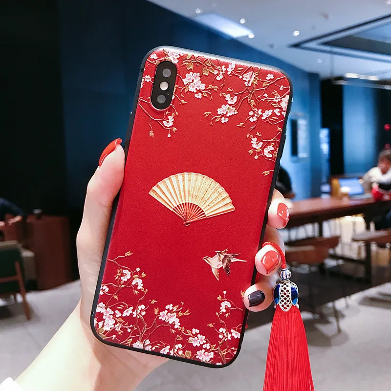 18 Китайский стиль тисненый чехол для телефона с кисточкой для iPhone 11 Pro Max XS MAX XR мягкая задняя крышка для iPhone X 8 7 6S 6 Plus Coque - Цвет: 18