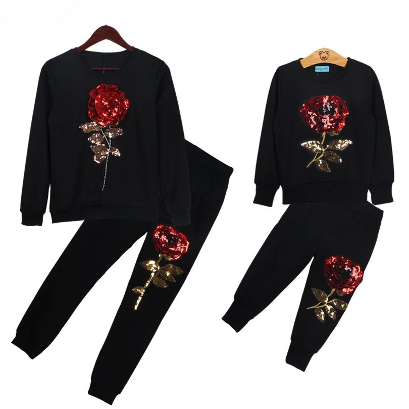 

Children's Autumn Embroidered Sequins Boys and Girls Casual Wear Sportswear Rose Flower Set Parent-child Wear