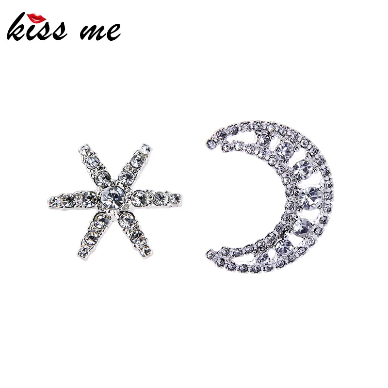 Женские асимметричные серьги гвоздики Kiss Me Moon & Star с блестящими кристаллами OL